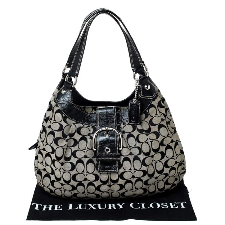 Pre Owned Coach Beige/Black Monogram Canvas and Leather Buckle Shoulder Bag
