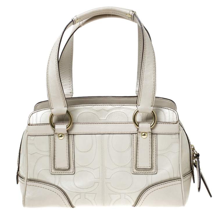 Pre Owned Coach Cream Monogram Leather Turnlock Satchel