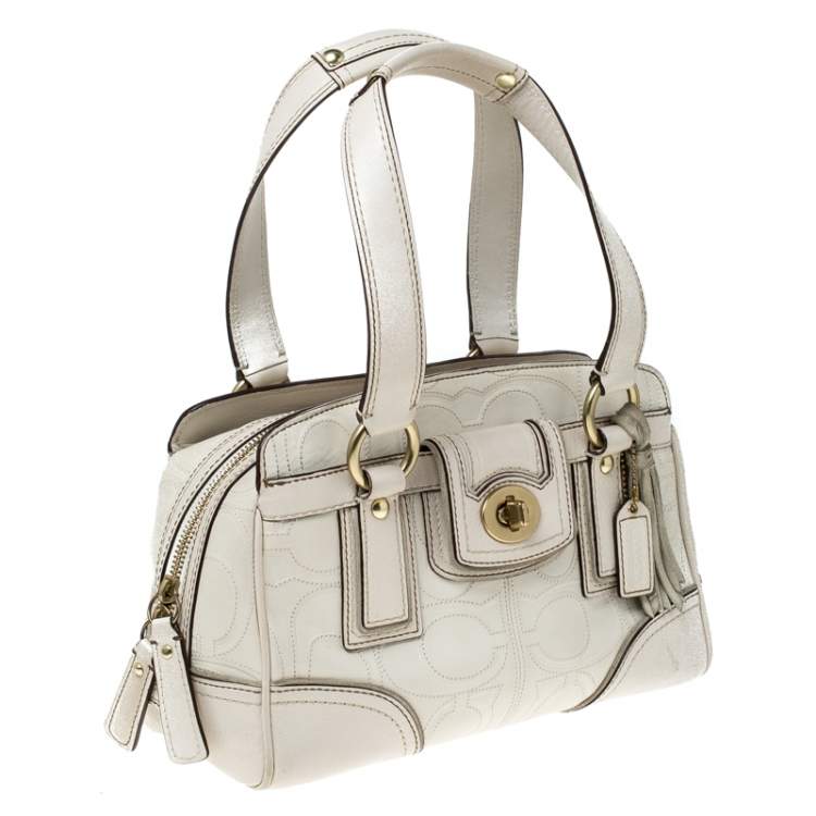 Pre Owned Coach Cream Monogram Leather Turnlock Satchel