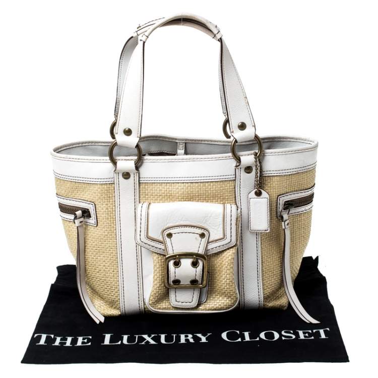 Pre Owned Coach Beige/White Straw and Leather Tote