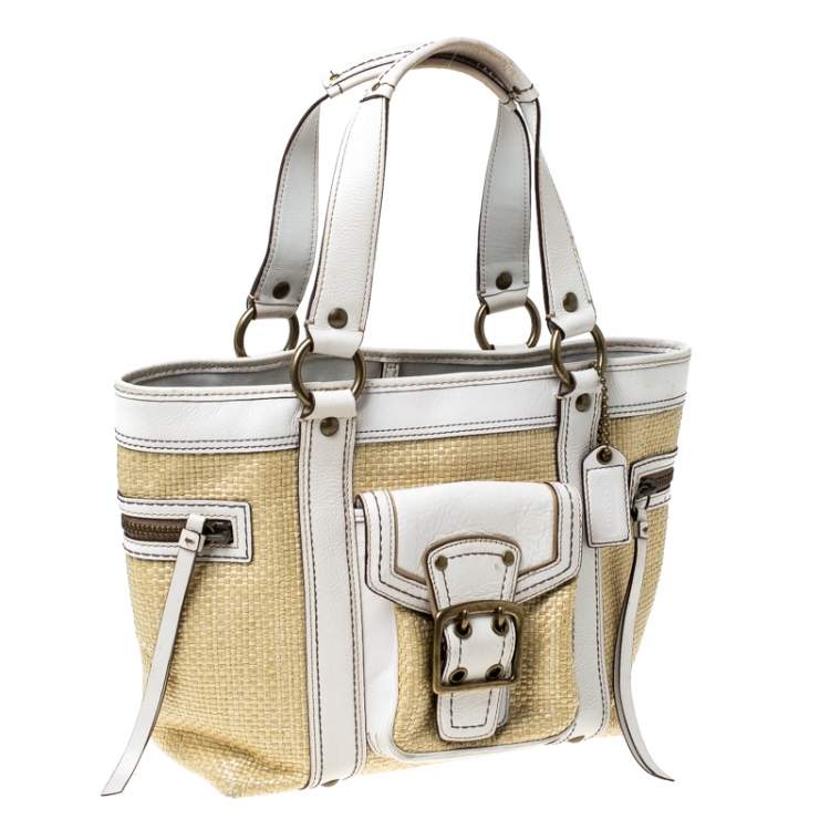 Pre Owned Coach Beige/White Straw and Leather Tote