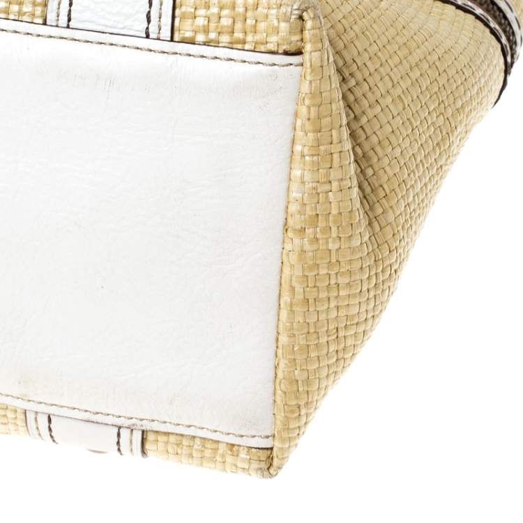 Pre Owned Coach Beige/White Straw and Leather Tote