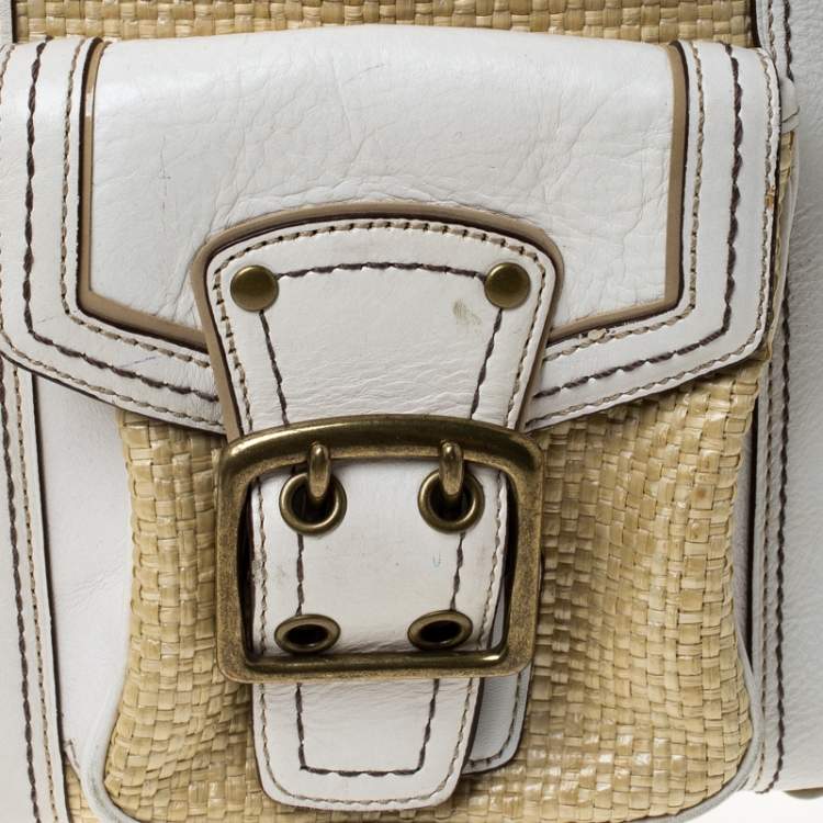 Pre Owned Coach Beige/White Straw and Leather Tote