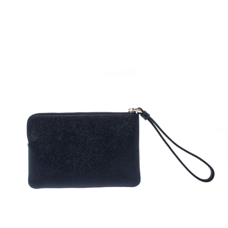 Pre Owned Coach Navy Blue Leather Zip Wristlet Pouch