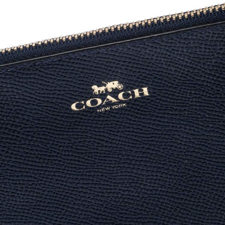 Pre Owned Coach Navy Blue Leather Zip Wristlet Pouch