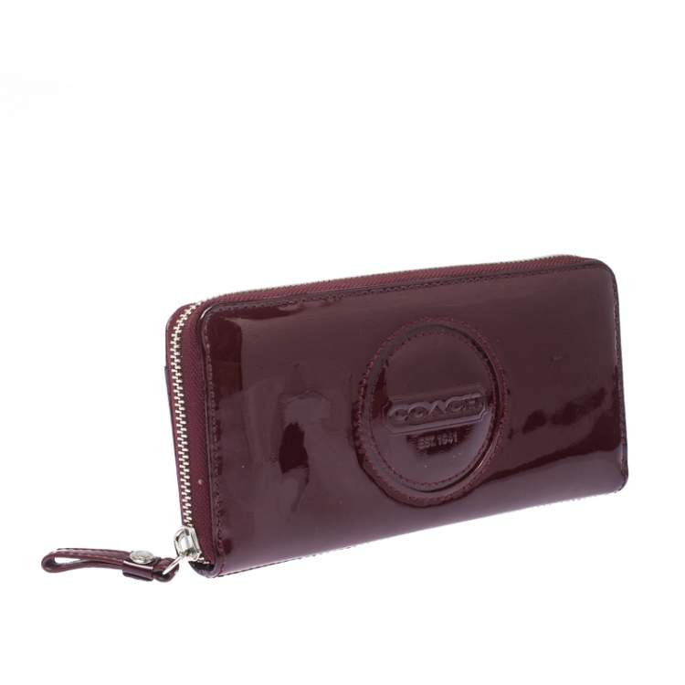Pre Owned Coach Burgundy Patent Leather Zip Around Continental Wallet 