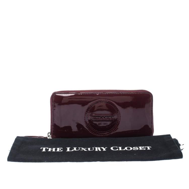Pre Owned Coach Burgundy Patent Leather Zip Around Continental Wallet 