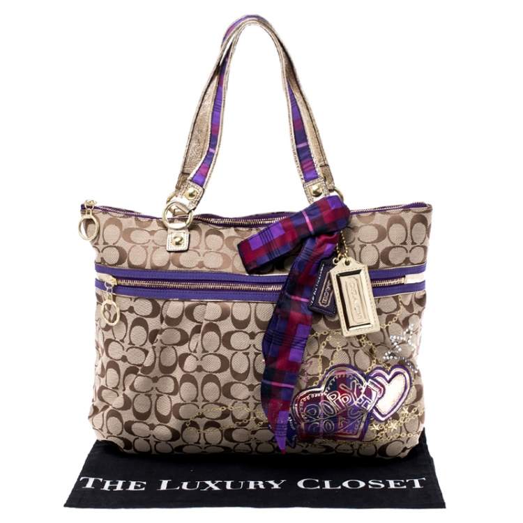 Pre Owned  Coach Beige/Purple Canvas Poppy Tartan Glam Tote