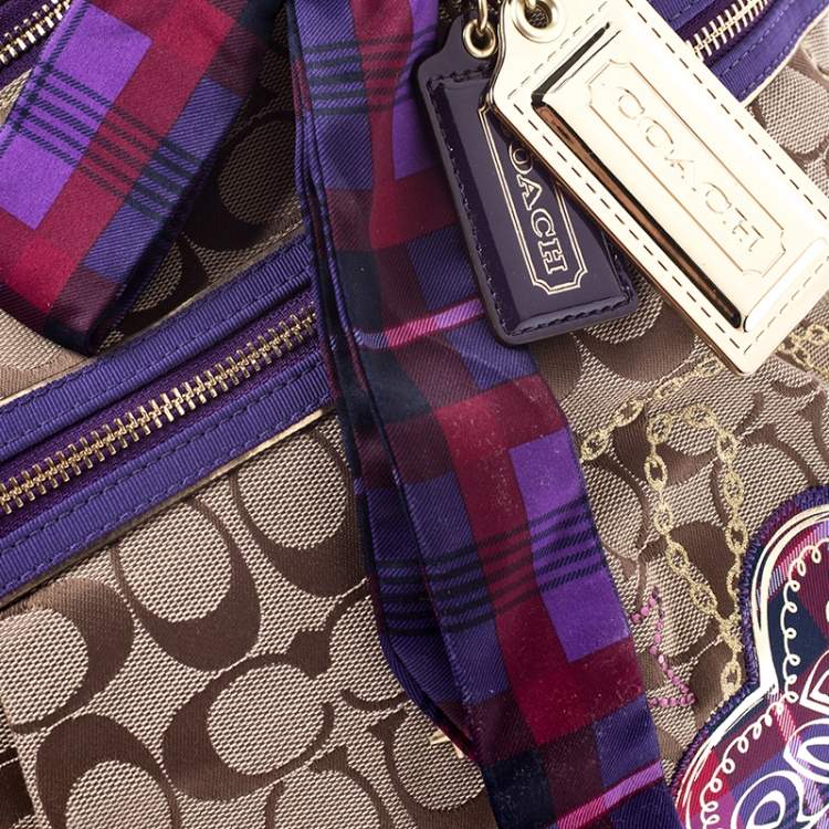 Pre Owned  Coach Beige/Purple Canvas Poppy Tartan Glam Tote