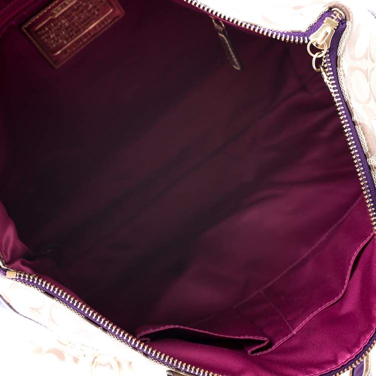 Pre Owned  Coach Beige/Purple Canvas Poppy Tartan Glam Tote