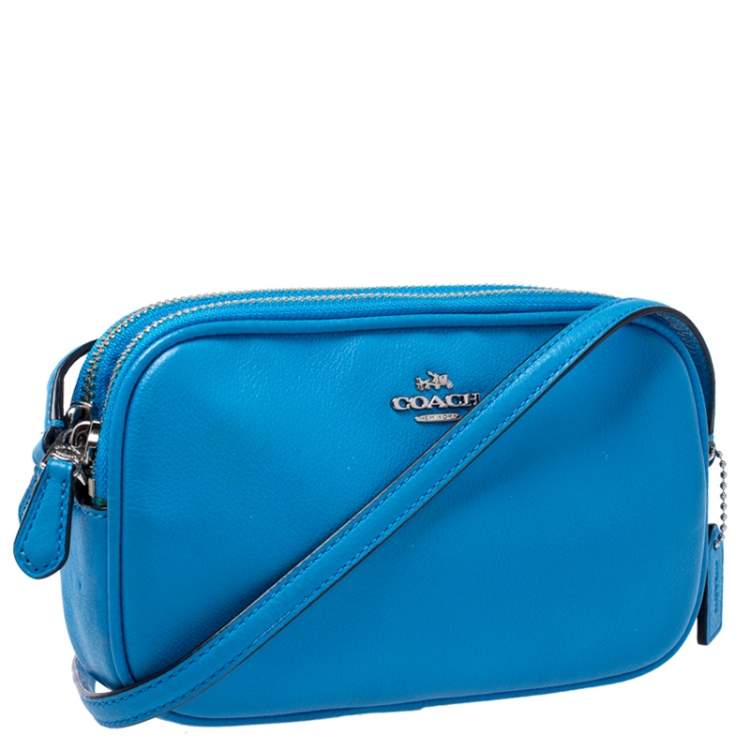 Pre Owned Coach Blue Leather Double Zip Camera Crossbody Bag
