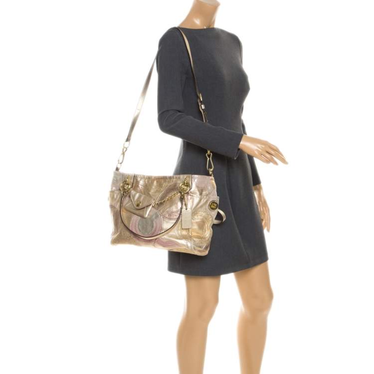 Pre Owned Coach Gold Monogram Leather Shoulder Bag