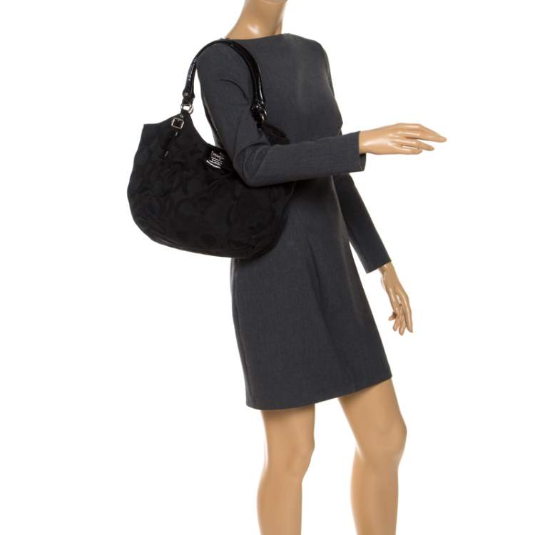 Pre Owned Coach Black Op Art Nylon Abigail Shoulder Bag