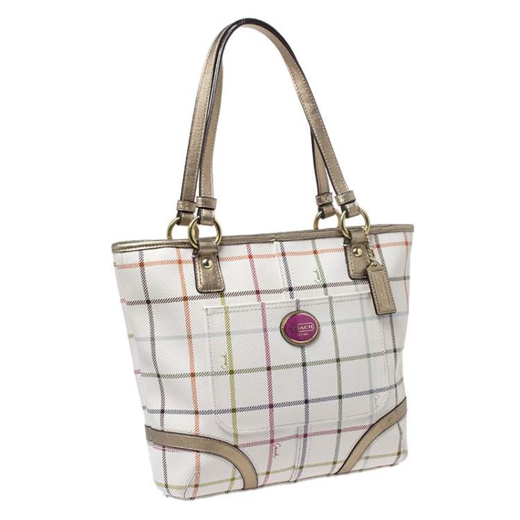 Pre Owned Coach White Checkered Coated Canvas Tote