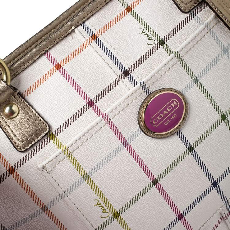 Pre Owned Coach White Checkered Coated Canvas Tote