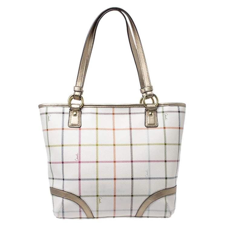 Pre Owned Coach White Checkered Coated Canvas Tote