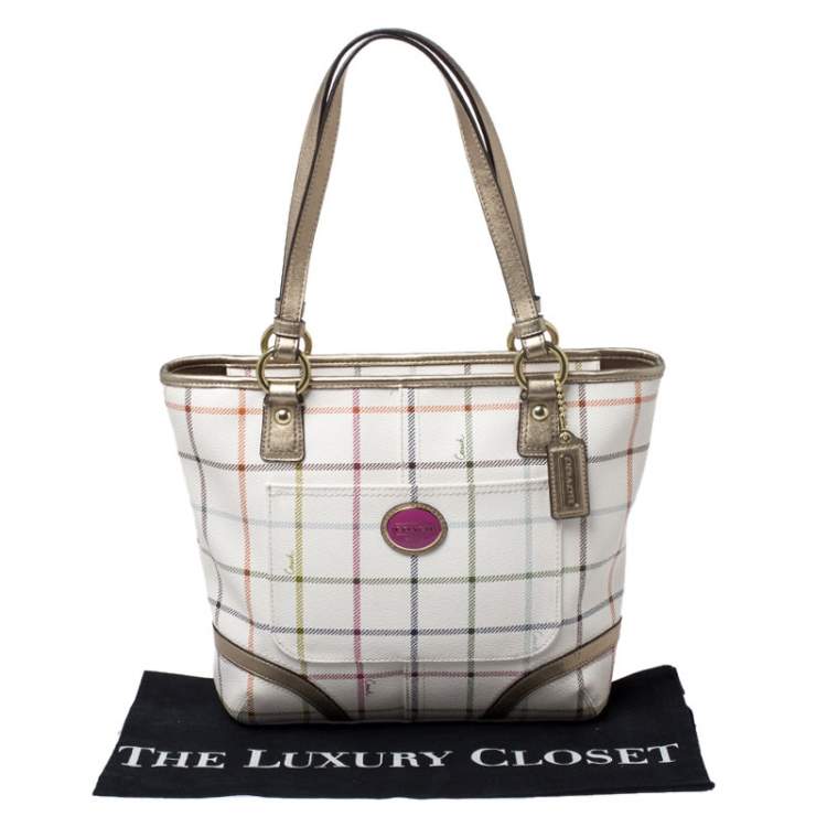 Pre Owned Coach White Checkered Coated Canvas Tote