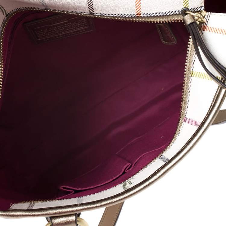 Pre Owned Coach White Checkered Coated Canvas Tote