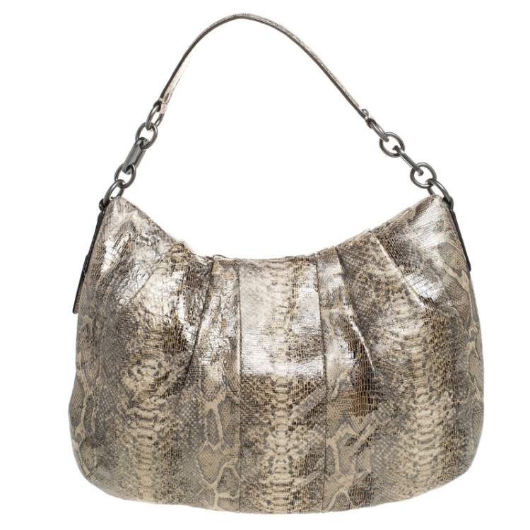 Pre Owned Coach Beige Python Embossed Leather Flap Shoulder Bag