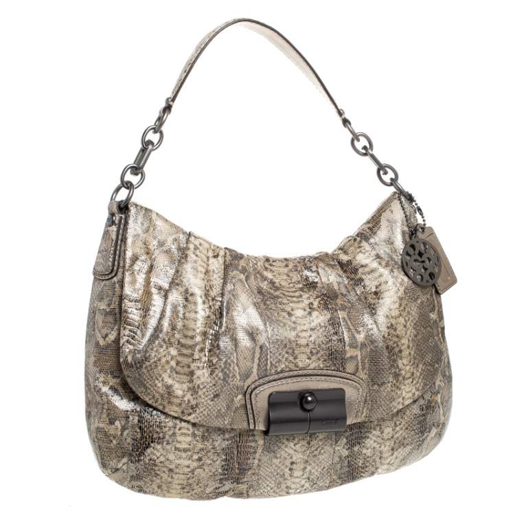Pre Owned Coach Beige Python Embossed Leather Flap Shoulder Bag