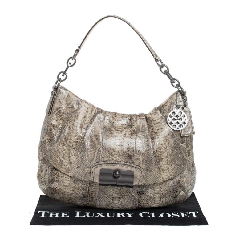 Pre Owned Coach Beige Python Embossed Leather Flap Shoulder Bag