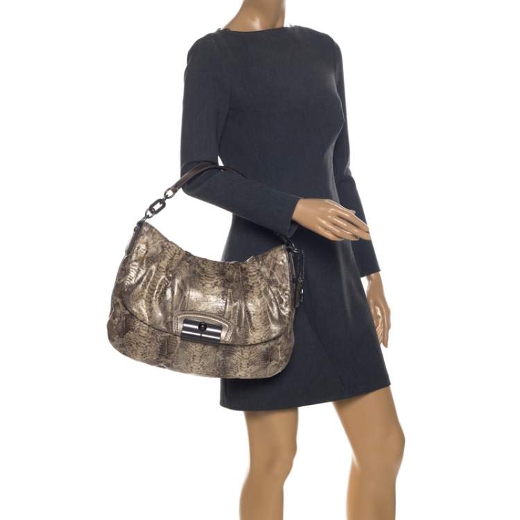 Pre Owned Coach Beige Python Embossed Leather Flap Shoulder Bag