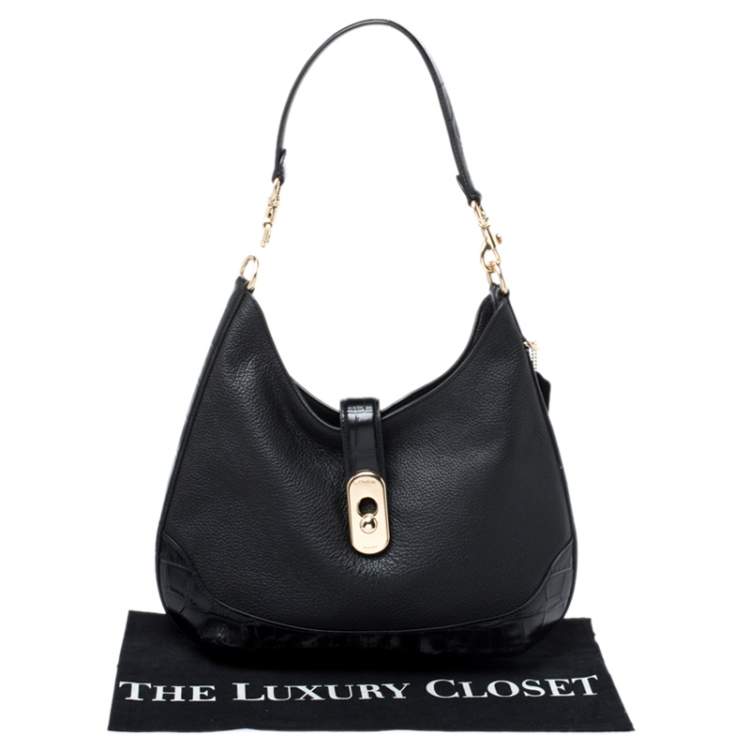 Pre Owned Coach Black Crocodile Embossed Leather Amber Hobo