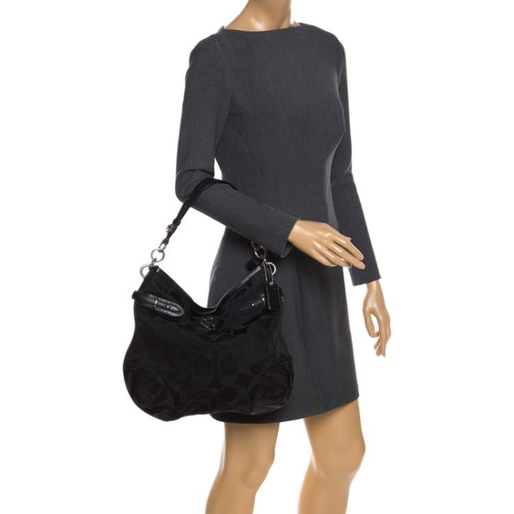 Pre Owned Coach Black Signature Canvas and Lizard Embossed Leather Colette Hobo