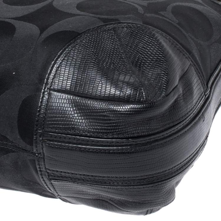 Pre Owned Coach Black Signature Canvas and Lizard Embossed Leather Colette Hobo