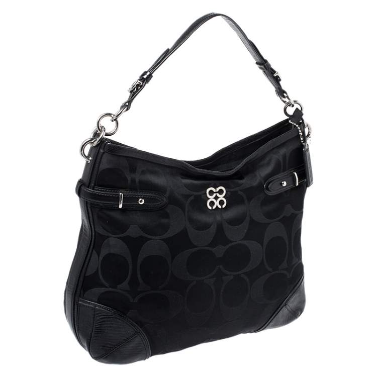 Pre Owned Coach Black Signature Canvas and Lizard Embossed Leather Colette Hobo