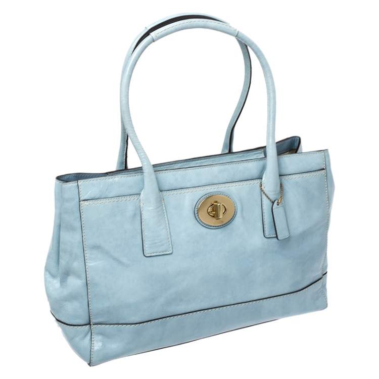 Pre Owned Coach Sky Blue Patent Leather Front Pocket Tote