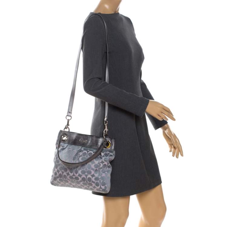 Pre Owned Coach Grey Signature Satin and Leather Top Handle Bag