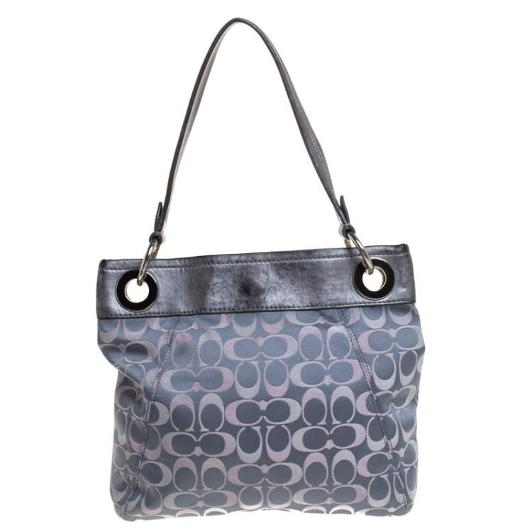 Pre Owned Coach Grey Signature Satin and Leather Top Handle Bag