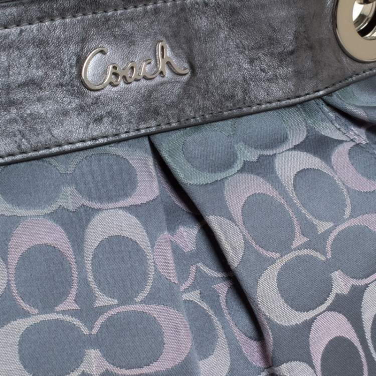 Pre Owned Coach Grey Signature Satin and Leather Top Handle Bag