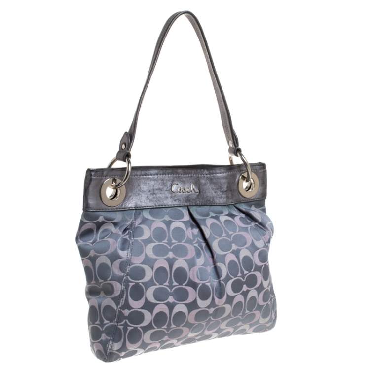 Pre Owned Coach Grey Signature Satin and Leather Top Handle Bag