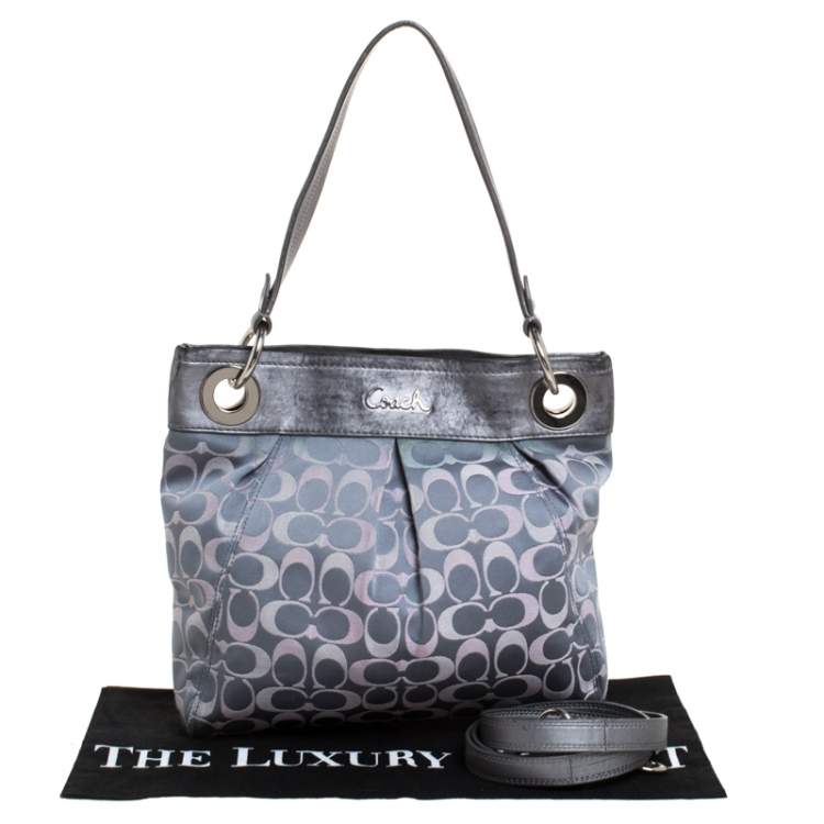 Pre Owned Coach Grey Signature Satin and Leather Top Handle Bag