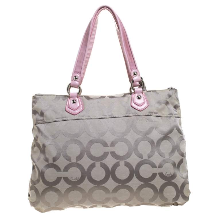 Pre Owned Coach Grey Signature Canvas Poppy Glam Tote