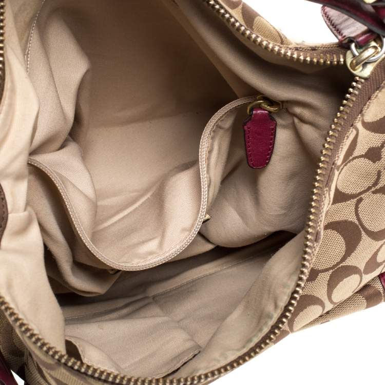 Pre Owned Coach Beige/Burgundy Canvas and Leather Front Pocket Hobo