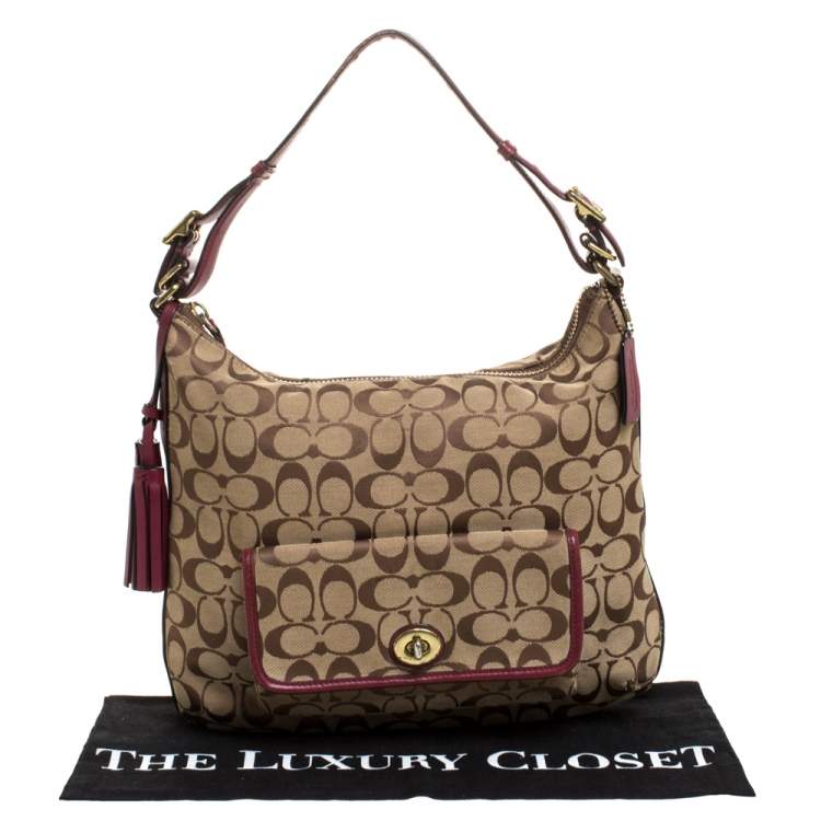 Pre Owned Coach Beige/Burgundy Canvas and Leather Front Pocket Hobo