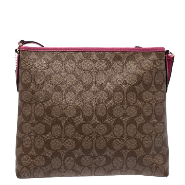 Pre Owned Coach Beige/Pink Signature Coated Canvas Crossbody Bag 