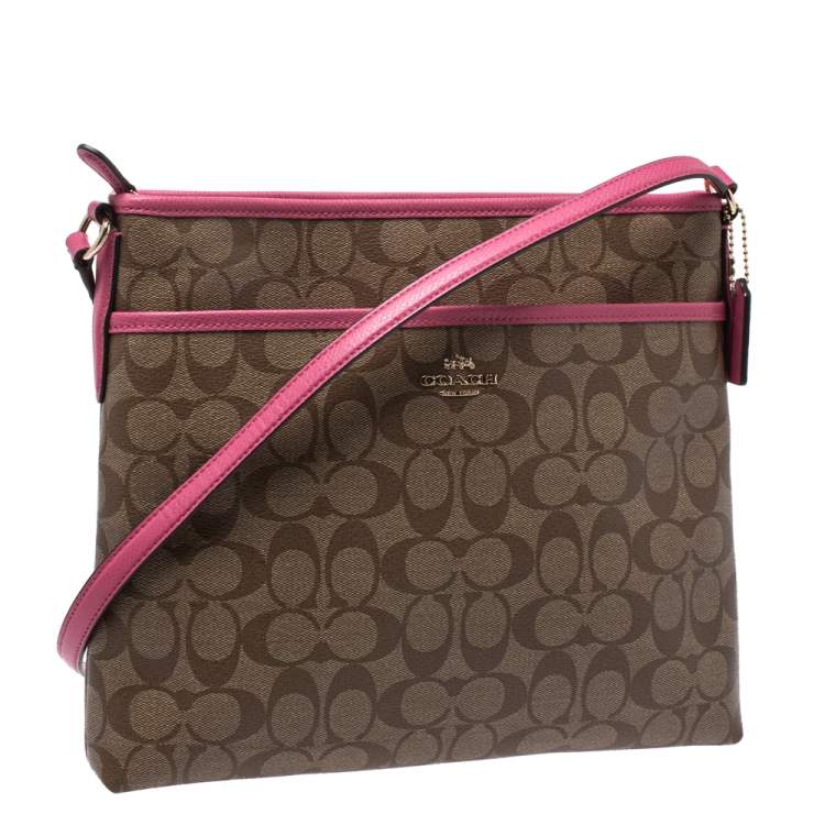 Pre Owned Coach Beige/Pink Signature Coated Canvas Crossbody Bag 