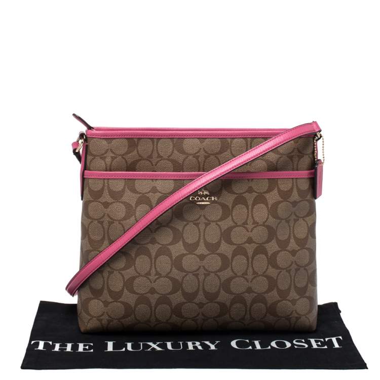 Pre Owned Coach Beige/Pink Signature Coated Canvas Crossbody Bag 