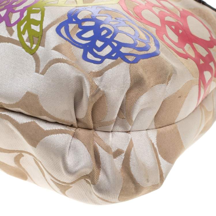 Pre Owned Coach Beige/Gold Flower Print Canvas and Leather Hobo