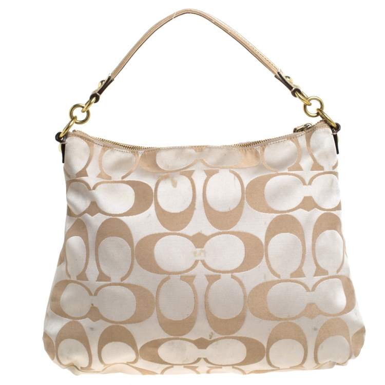 Pre Owned Coach Beige/Gold Flower Print Canvas and Leather Hobo