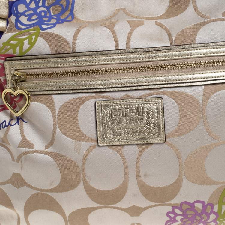 Pre Owned Coach Beige/Gold Flower Print Canvas and Leather Hobo
