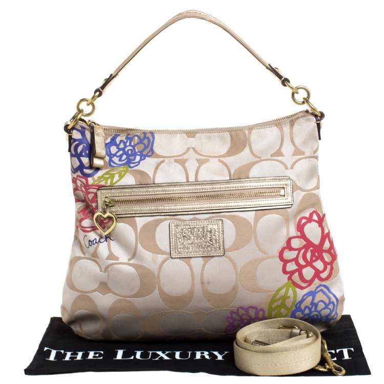 Pre Owned Coach Beige/Gold Flower Print Canvas and Leather Hobo