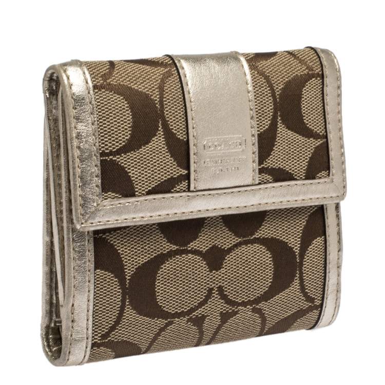 Pre Owned Coach Beige/Gold Signature Canvas and Leather Compact Wallet