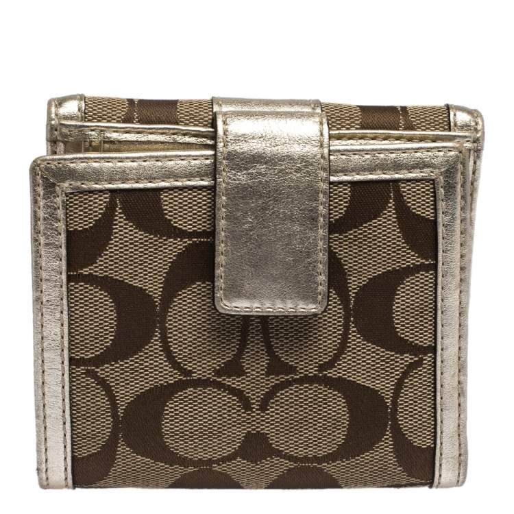 Pre Owned Coach Beige/Gold Signature Canvas and Leather Compact Wallet