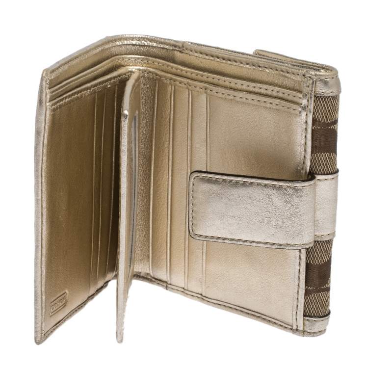 Pre Owned Coach Beige/Gold Signature Canvas and Leather Compact Wallet