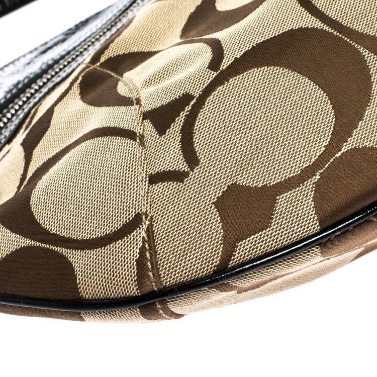 Pre Owned Coach Beige/Black Signature Canvas and Patent Leather Hobo